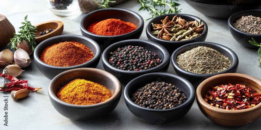 Bowls filled with a variety of aromatic spices and culinary herbs showcase an array of seasonings like red hot pepper, paprika, anise, saffron, black seeds, nutmeg, and thyme, perfect for cooking. Bowls filled with a variety of aromatic spices and culinary herbs showcase an array of seasonings like red hot pepper, paprika, anise, saffron, black seeds, nutmeg, and thyme, perfect for cooking.