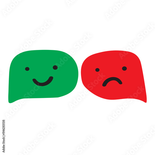 Happy and unhappy faces. Speech bubbles. Hand drawn illustration on white background.