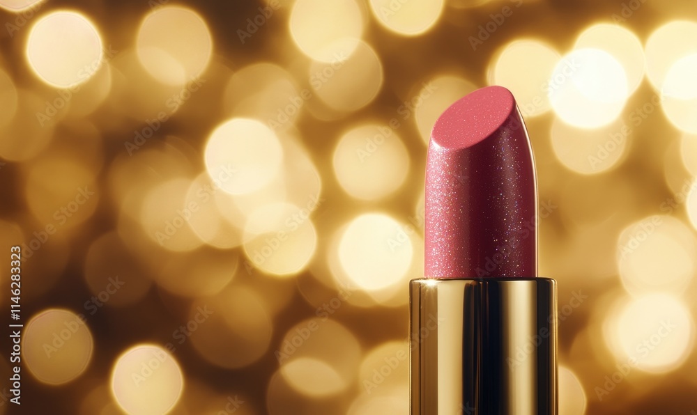 A red lipstick is shown on a gold background A red lipstick is shown on a gold background