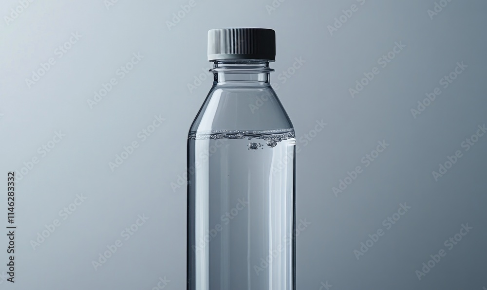 A clear bottle of water is sitting on a table A clear bottle of water is sitting on a table