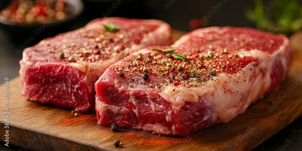 Obraz premium Fresh raw meat steaks seasoned with aromatic spices placed on a wooden cutting board, showcasing the vibrant colors and textures of raw meat steaks ready for culinary preparation.