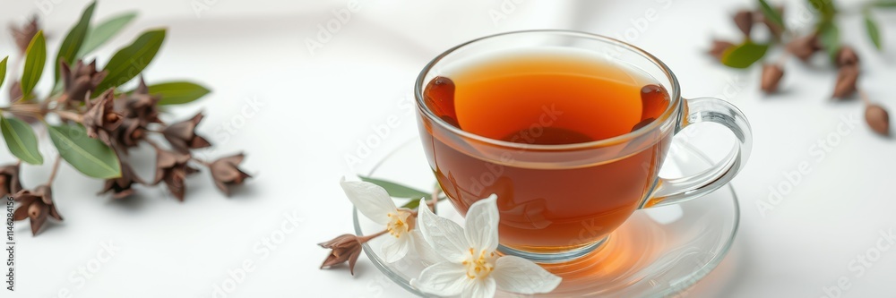 Tea served in a glass cup surrounded by delicate flowers and leaves during a tranquil setting Tea served in a glass cup surrounded by delicate flowers and leaves during a tranquil setting