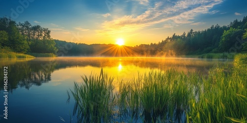 Stunning sunrise over a tranquil lake, showcasing breathtaking nature landscape scenery, highlighting the beauty of a sunrise lake view that captivates the soul. Experience this serene sunrise lake