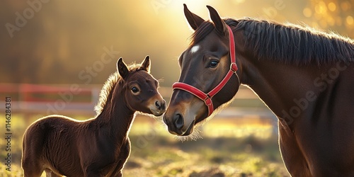 A week old dark brown foal enjoys the sunshine outside alongside her mother, a warmblood mare adorned with a red halter. This scene captures the beauty of newborn animals and their bond. photo