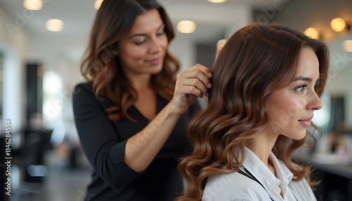 Hairstylist curling hair, client in a modern beauty salon, woman hairdo