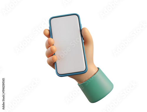 3D render mockup, hand holding mobile phone blank white screen. Cut out isolated transparent background.