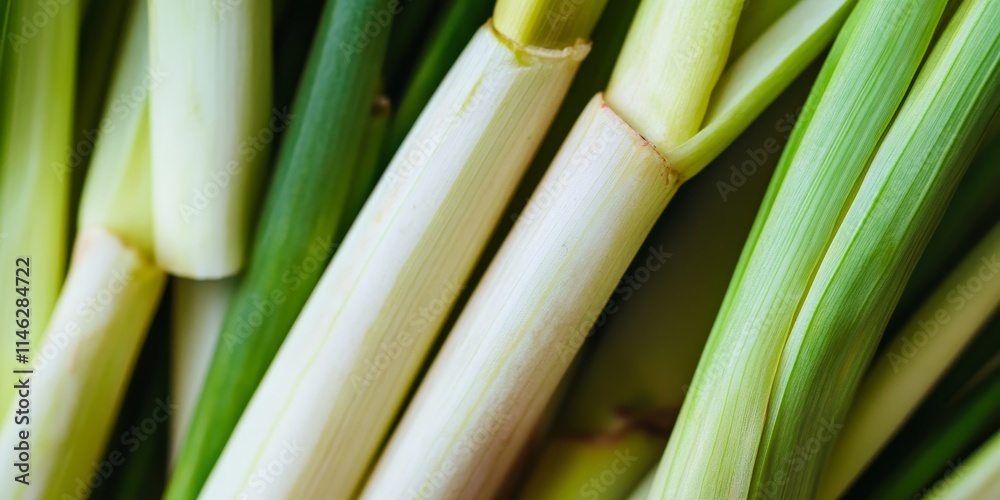 Fototapeta premium Close up macro image of fresh lemongrass, showcasing the vibrant details and textures of fresh lemongrass in a food background, emphasizing the freshness and appeal of fresh lemongrass.
