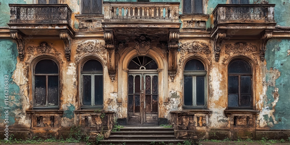 Fototapeta premium Abandoned old building showcasing unique architecture features, highlighting the charm of its facade while emphasizing the beauty found in the forgotten elements of the old building.