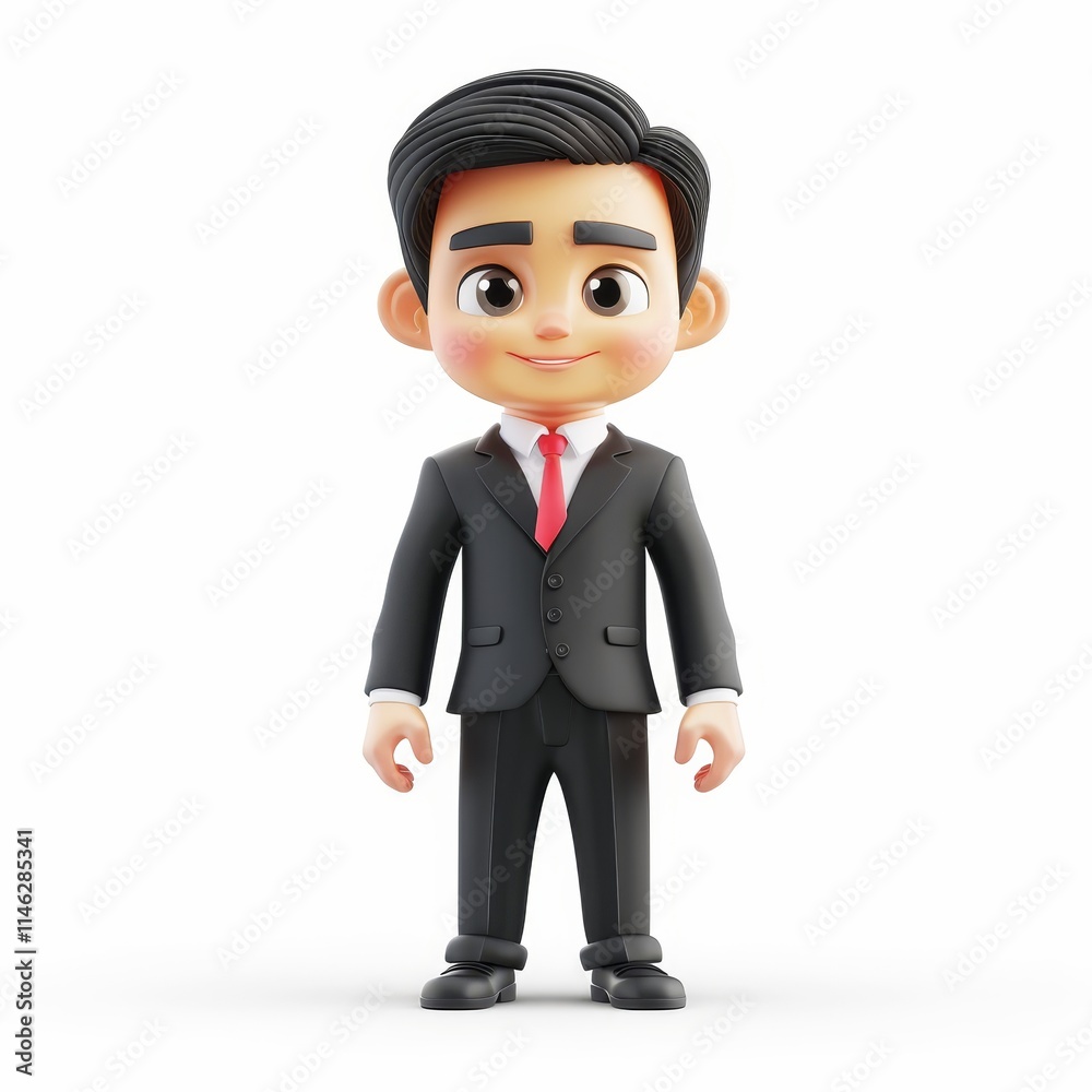 A 3D cartoon character of a smiling businessman in a black suit and red tie, isolated on a white background. A 3D cartoon character of a smiling businessman in a black suit and red tie, isolated on a white background.