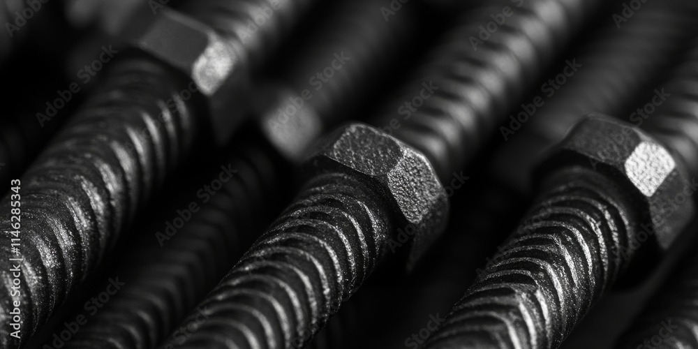 Close up black and white photo featuring long screws. The detailed black and white photo highlights the intricate design of the long screws against a textured background. Close up black and white photo featuring long screws. The detailed black and white photo highlights the intricate design of the long screws against a textured background.