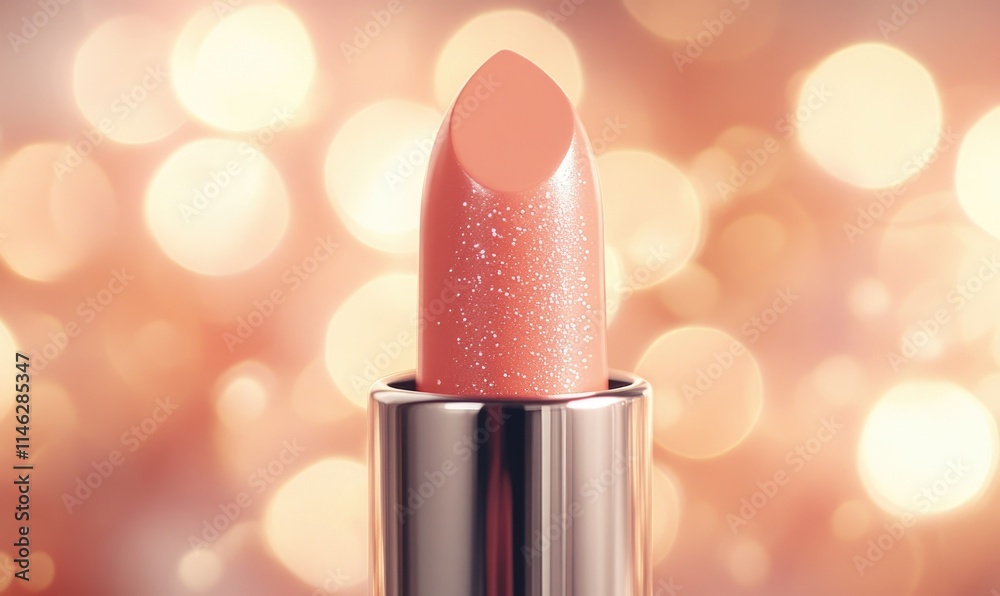 A lipstick is shown with a silver tube and a pink background A lipstick is shown with a silver tube and a pink background