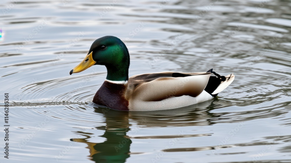 Male mallard duck swimming smoothly in a calm lake during early morning hours Male mallard duck swimming smoothly in a calm lake during early morning hours