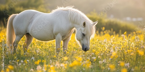 Pregnant white Welsh wild mountain pony grazing in a vibrant spring field, showcasing the beauty of the Welsh wild mountain pony during the blooming season of spring.