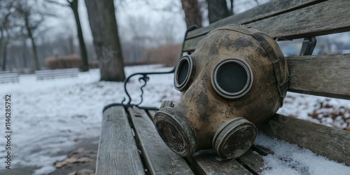 Worn rubber gas mask resting on a park bench during winter, showcasing the contrast of the old rubber gas mask against the chilly seasonal scenery. This old rubber gas mask adds intrigue to the scene.