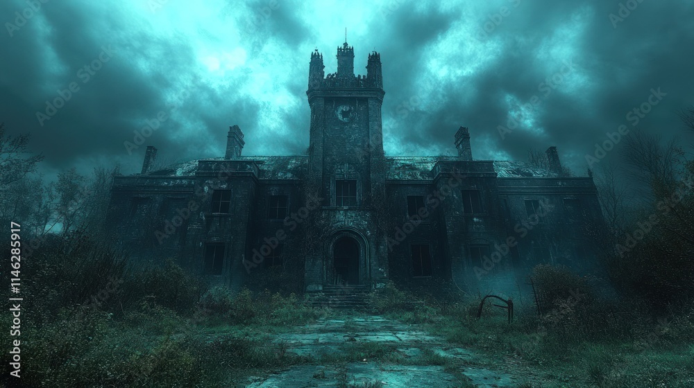 Fototapeta premium Creepy, abandoned stone mansion on a stormy night.