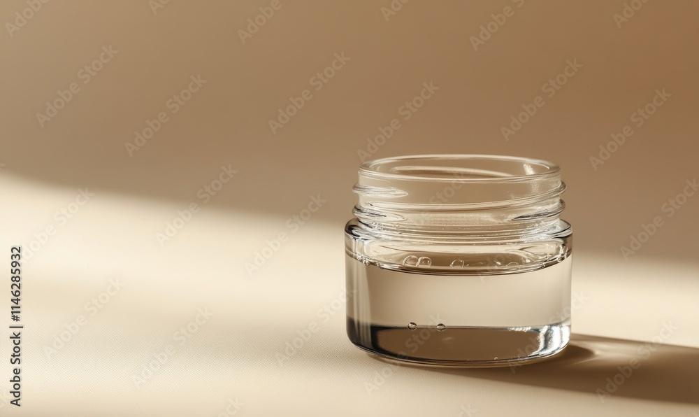 A clear jar with a lid is sitting on a table A clear jar with a lid is sitting on a table