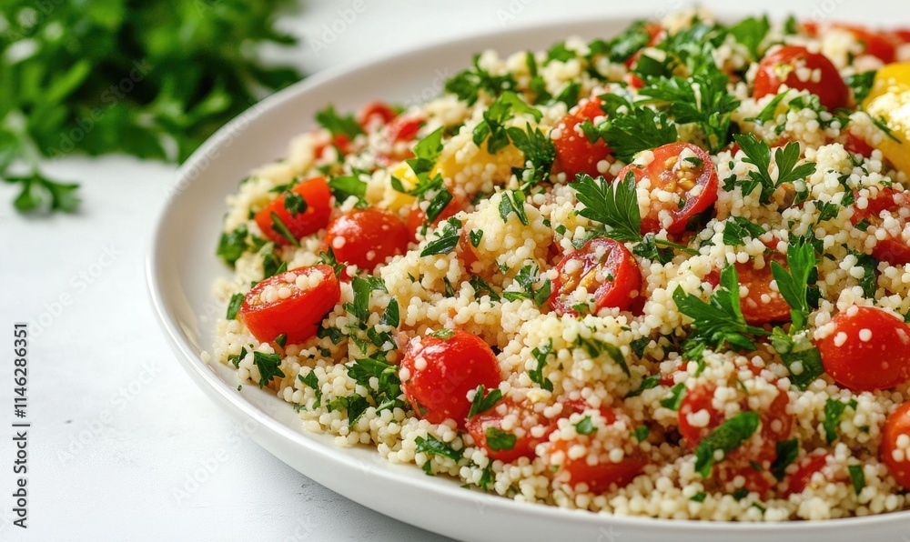 A white plate with a salad of rice, tomatoes, and parsley A white plate with a salad of rice, tomatoes, and parsley