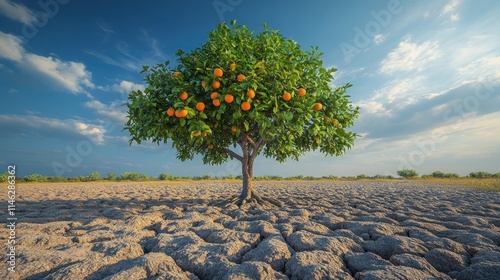 A solitary orange tree stands resilient in a dry landscape under a blue sky.
