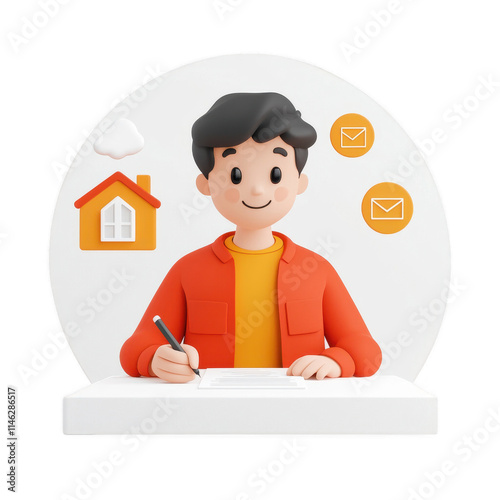 A young man writing notes at a desk, surrounded by icons of home and email., isolated on a transparent background. photo