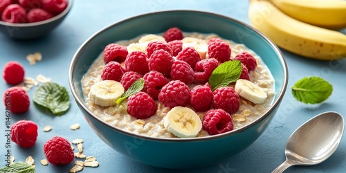 Nourishing and fresh breakfast featuring oatmeal, yogurt, and vibrant fresh raspberries and banana. Enjoy a healthy breakfast with oatmeal for a delightful start to your day.