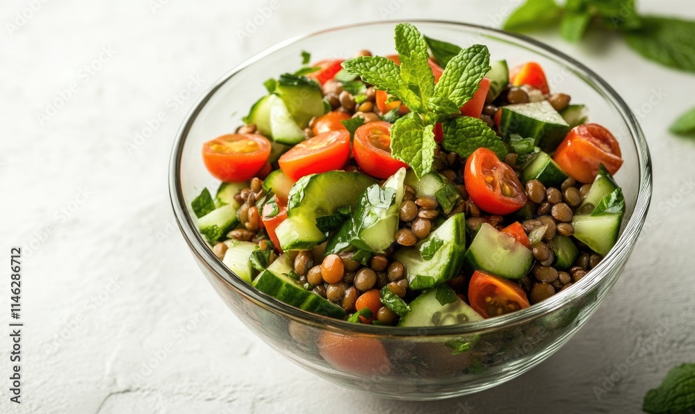 A bowl of salad with tomatoes, cucumbers, and mint A bowl of salad with tomatoes, cucumbers, and mint