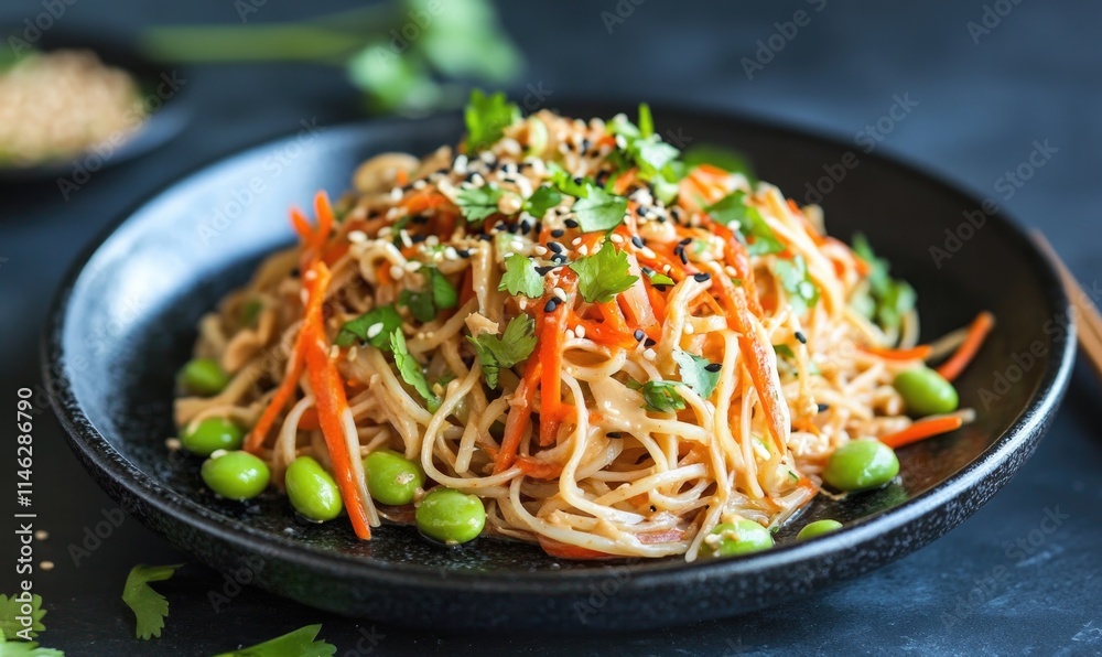 A plate of noodles with carrots and sesame seeds A plate of noodles with carrots and sesame seeds