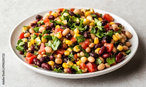 A plate of food with beans, corn, and tomatoes