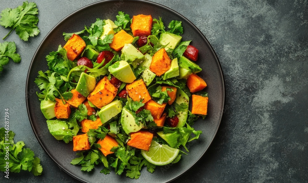 A black plate with a salad of vegetables including avocado and carrots A black plate with a salad of vegetables including avocado and carrots