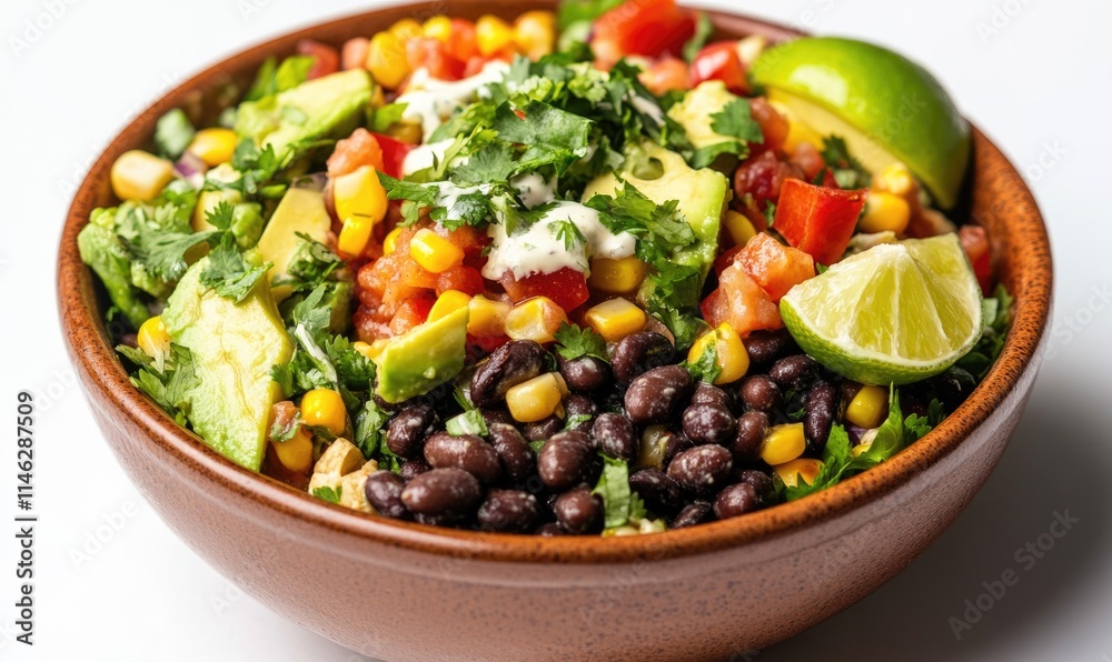 A bowl of food with corn, beans, tomatoes, and lime A bowl of food with corn, beans, tomatoes, and lime