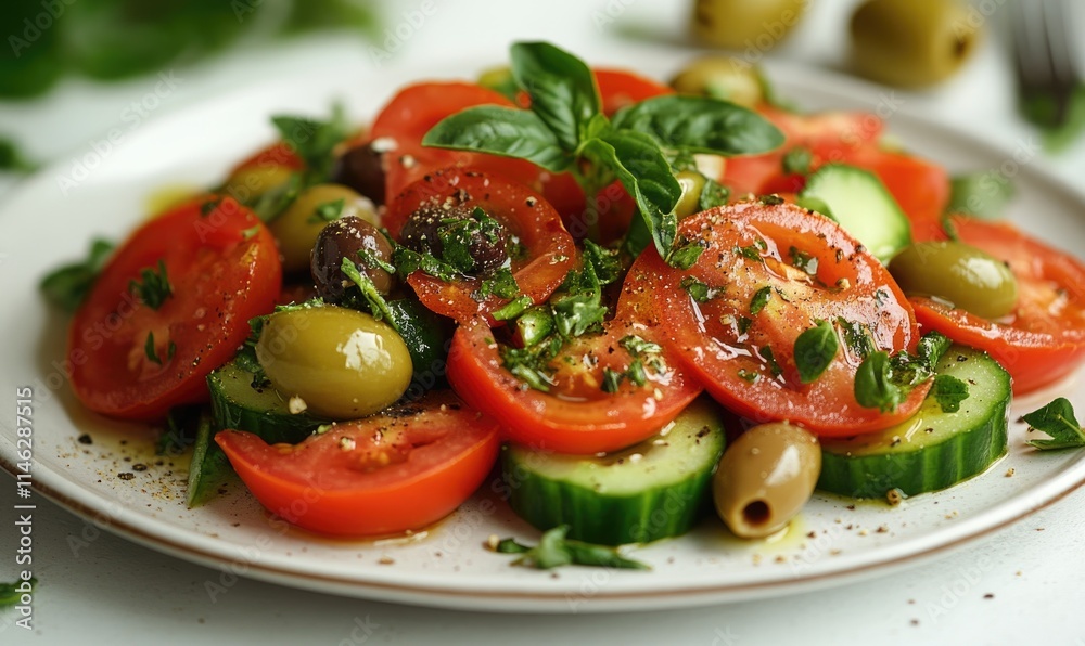 A plate of salad with tomatoes, cucumbers, and olives A plate of salad with tomatoes, cucumbers, and olives
