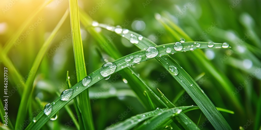 Water drops delicately rest on blades of grass, showcasing the serene beauty of nature. These blades of grass glisten with fresh water drops, creating a tranquil scene for observers. Water drops delicately rest on blades of grass, showcasing the serene beauty of nature. These blades of grass glisten with fresh water drops, creating a tranquil scene for observers.