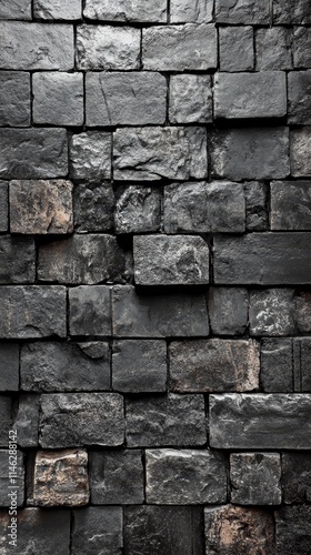 A textured wall, background, mockup made of dark, irregular stone bricks, showcasing a rugged aesthetic.