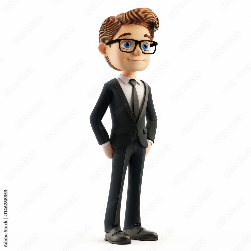 A 3D cartoon character of a businessman wearing a black suit, white shirt, and a tie, with brown hair, glasses, and a confident expression. A 3D cartoon character of a businessman wearing a black suit, white shirt, and a tie, with brown hair, glasses, and a confident expression.