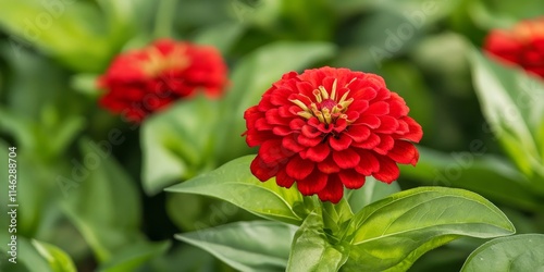 Blooming red terry zinnia stands out beautifully against a backdrop of lush green leaves, showcasing the vibrant colors of the blooming red terry zinnia in a serene garden setting.