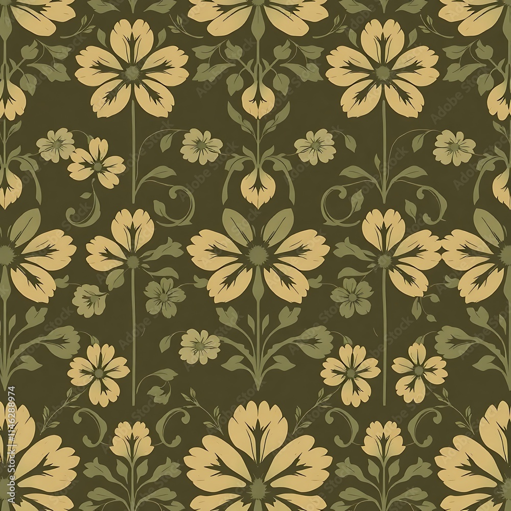 Elegant Olive Green and Gold Floral Damask Pattern 