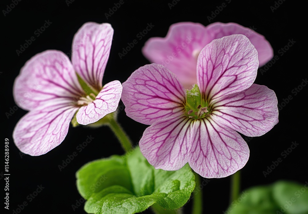 Fototapeta premium Delicate Pink Flowers with Intricate Veins on Dark Background