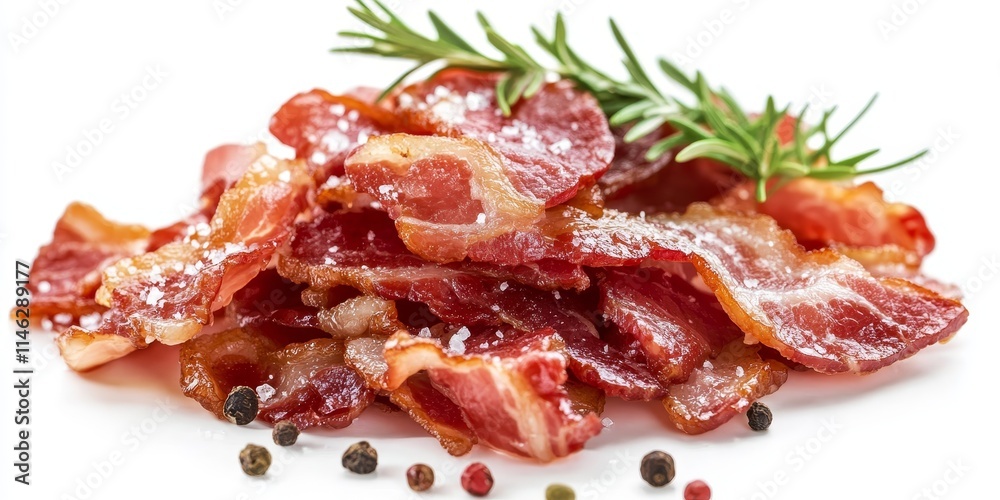 Savory chunks of salted bacon, presented against a clean white background, showcasing the deliciousness and texture of homemade salted bacon in an appetizing display. Savory chunks of salted bacon, presented against a clean white background, showcasing the deliciousness and texture of homemade salted bacon in an appetizing display.