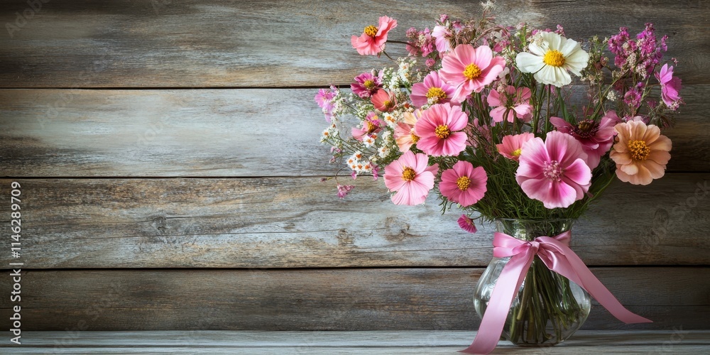 Cutter flowers in a vase, adorned with a ribbon, create a charming display against a wooden background, showcasing the beauty of cutter flowers in any setting. Cutter flowers in a vase, adorned with a ribbon, create a charming display against a wooden background, showcasing the beauty of cutter flowers in any setting.