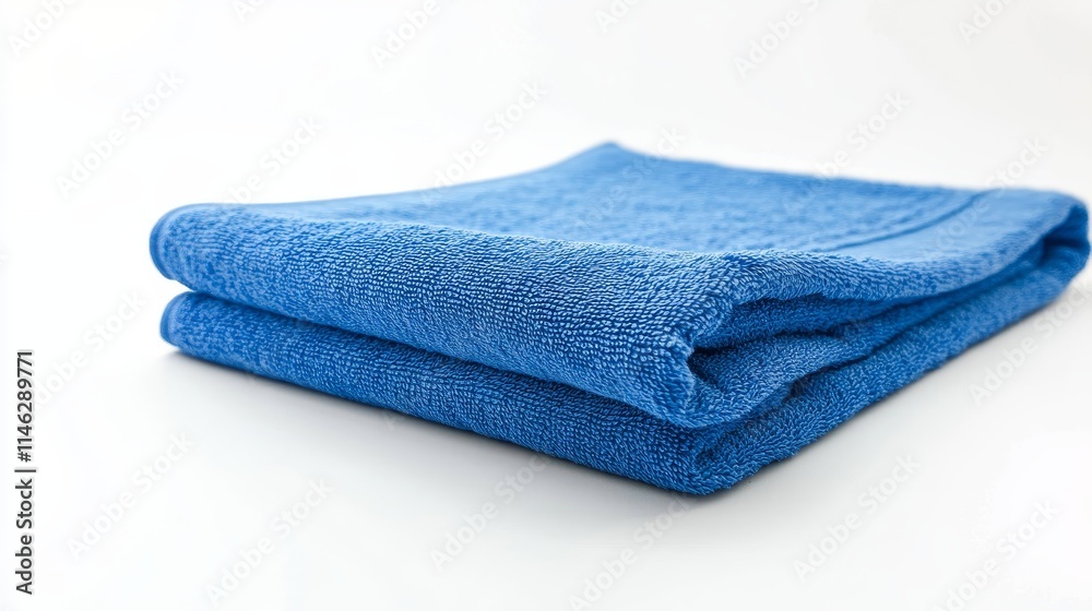 Blue beach towel displayed against a white background, showcasing its design and texture. This folded beach towel in blue is perfect for summer vacation themes and relaxing by the water. Blue beach towel displayed against a white background, showcasing its design and texture. This folded beach towel in blue is perfect for summer vacation themes and relaxing by the water.
