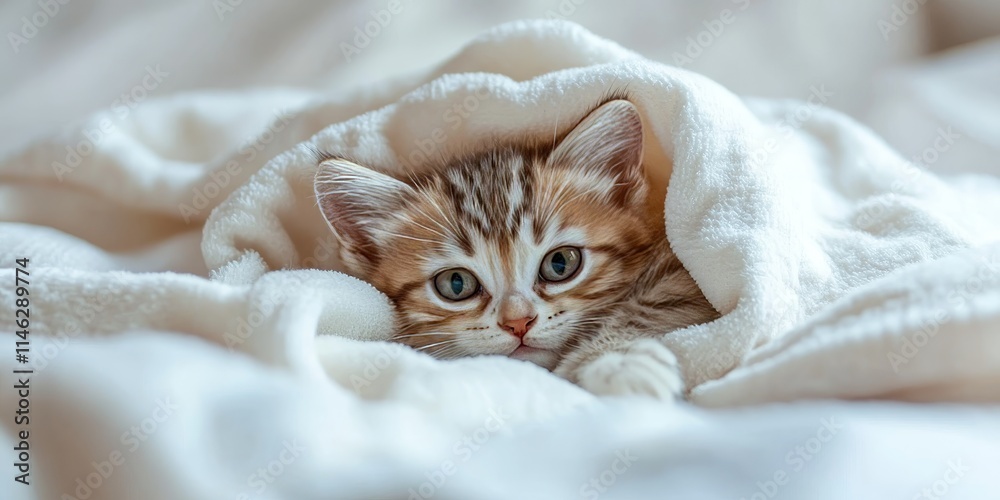 Adorable kitten cozies up under a soft white blanket on a comfortable bed, creating a serene scene perfect for showcasing the cuteness of a kitten enjoying a warm space. Adorable kitten cozies up under a soft white blanket on a comfortable bed, creating a serene scene perfect for showcasing the cuteness of a kitten enjoying a warm space.