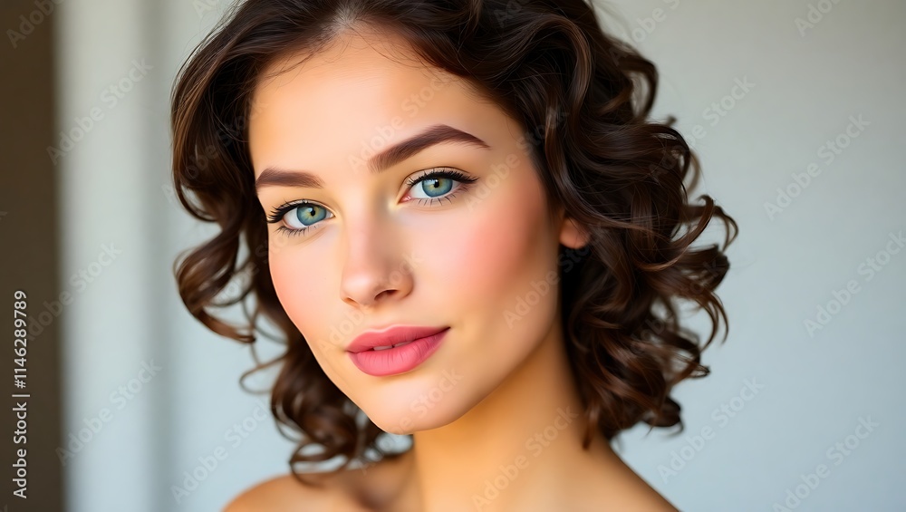 Portrait of a young woman with wavy hair and natural makeup.