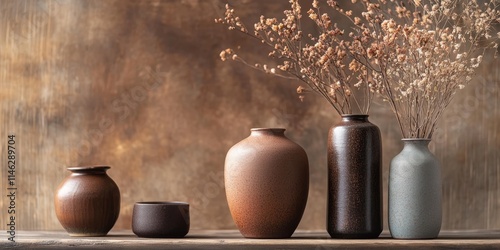 In a market setting, beautifully handcrafted Asian clay ceramics are showcased. The vintage brown backdrop features decorative elements that embody cultural significance. photo