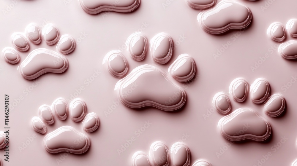 Fototapeta premium Seamless pattern of embossed pink paw prints on a pale pink background.