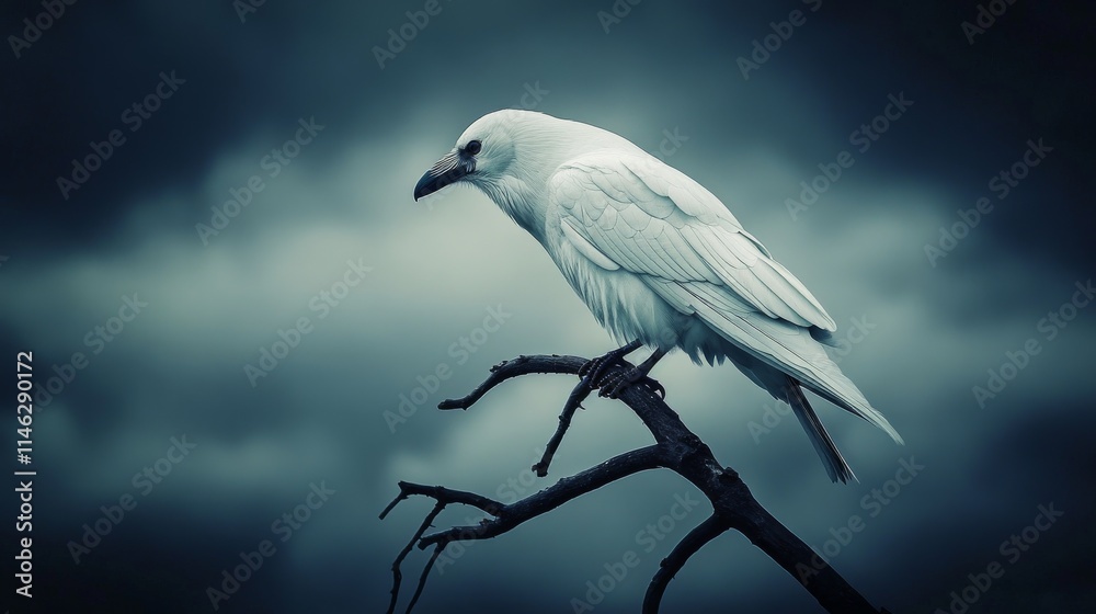 A white bird is perched on a branch in a dark sky. The bird is looking down
