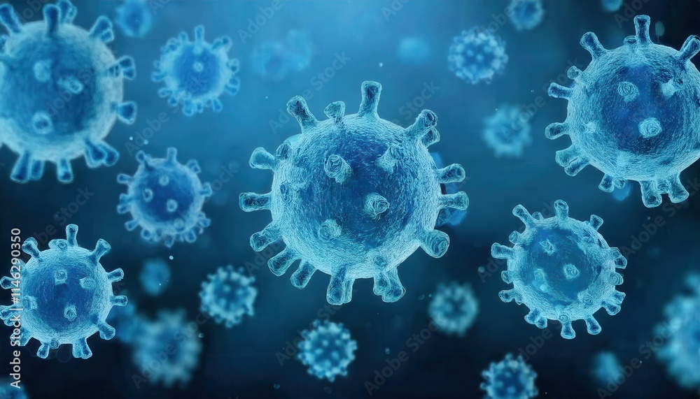Microscopic View of Blue SARS-CoV-2 Virus Particles With Spike Proteins Representing COVID-19 Structure and Mechanism for Infection, Essential for Understanding Viral Behavior and Vaccine Development Microscopic View of Blue SARS-CoV-2 Virus Particles With Spike Proteins Representing COVID-19 Structure and Mechanism for Infection, Essential for Understanding Viral Behavior and Vaccine Development