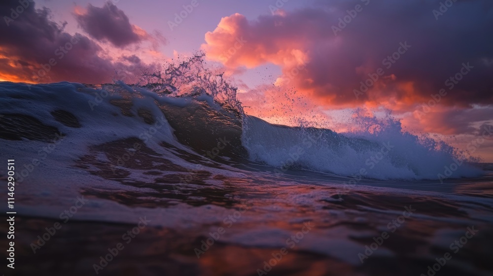 Obraz premium Vibrant Sunset Over Ocean Waves Creating Lively Sea Foam