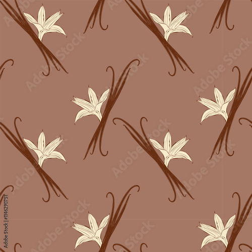 Pattern with beige vanilla flowers and sticks  pod, on mocha mousse background.