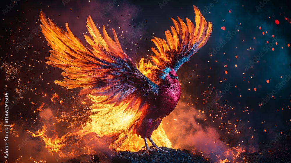 Majestic Phoenix Rising from Vivid Flames in a Dramatic Setting Majestic Phoenix Rising from Vivid Flames in a Dramatic Setting