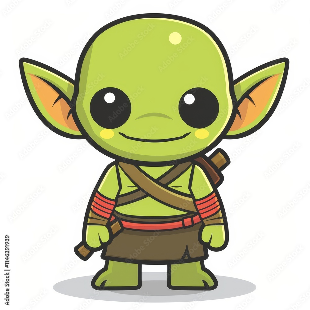 Cute green goblin character with big eyes and a friendly smile, holding a stick. Cute green goblin character with big eyes and a friendly smile, holding a stick.