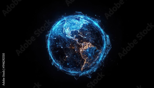 Globe covered in glowing biotech networks and economic data points, biotechnology  economics, illustrating global biotech trends photo